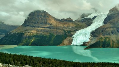 Rearguard Mountain (left) and Berg Glacier (right) tower above Berg Lake. Seen looking east-southeast from near Hargreaves Lake and Glacier Viewpoint