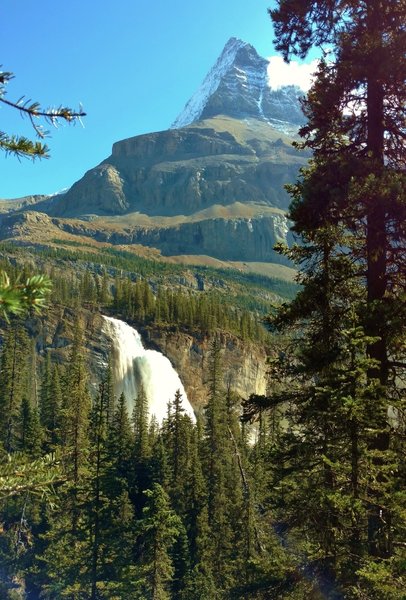 Emperor Falls at the top of the Valley of a Thousand Falls, with Mt Robson towering over them