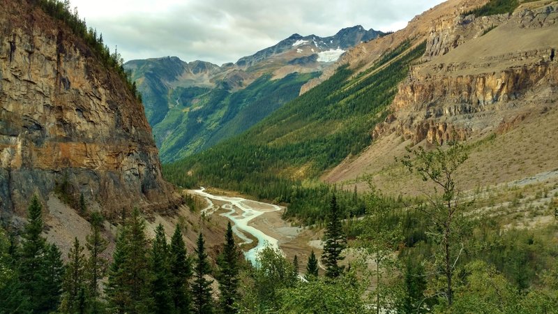 Looking down the Robson River Valley from near the bottom of the Valley of a Thousand Falls.