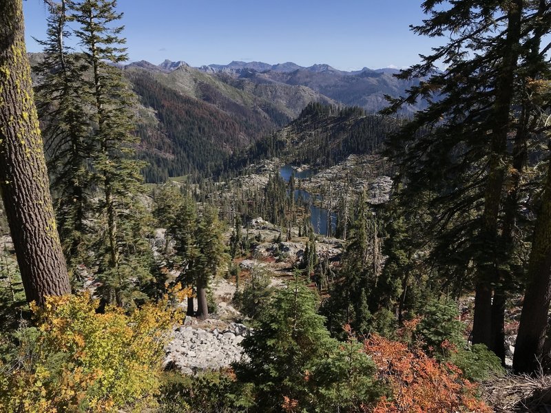 View looking east from Haypress Trail over Cuddihy Lakes Basin with Marble Mountain and the Pacific Crest in the background