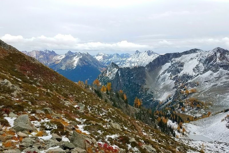 View down from near the pass, fall colors.