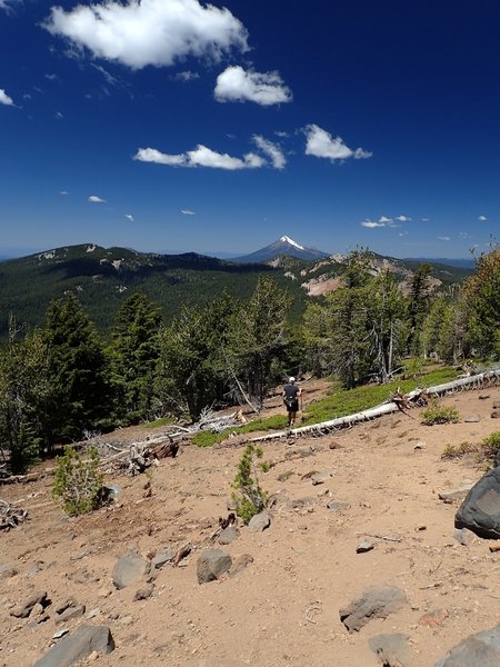 Descending the use trail along the ridge below Aspen Butte (Mt. McLoughlin in the distance)