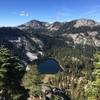 View of Long Gulch Lake from crest in Trinity Alps Wilderness