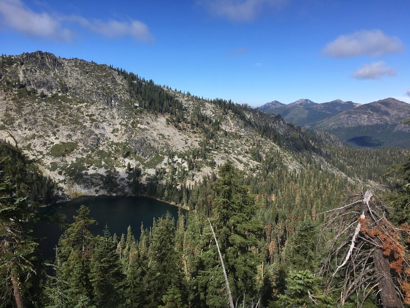 View of Trail Gulch Lake from crest in Trinity Alps Wilderness.