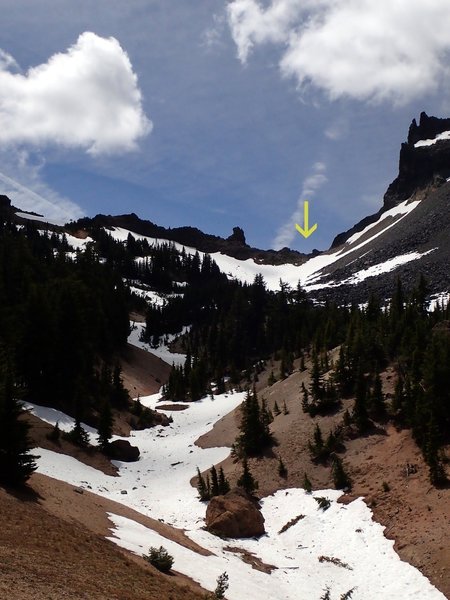 The divide (arrow) at the head of Thielsen Creek.