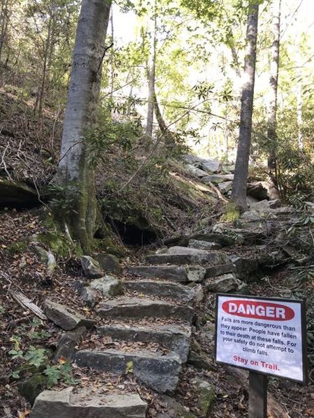 Some of the rocks stair found along the trail and a sign of the risk by the Upper Wildcat Falls.