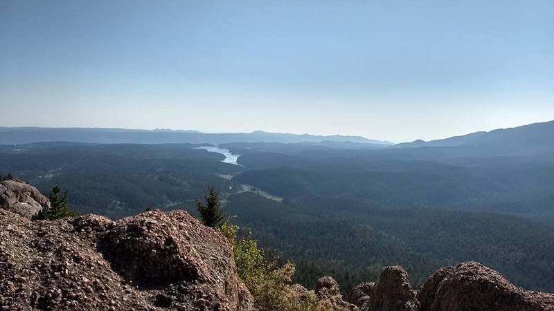 A view of the reservoir in the distance from the summit