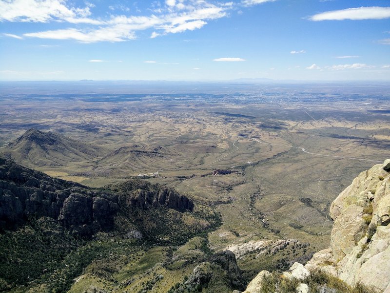 A view from Organ Needle of Dripping Springs Natural Area with Las Cruces in the background, upper right