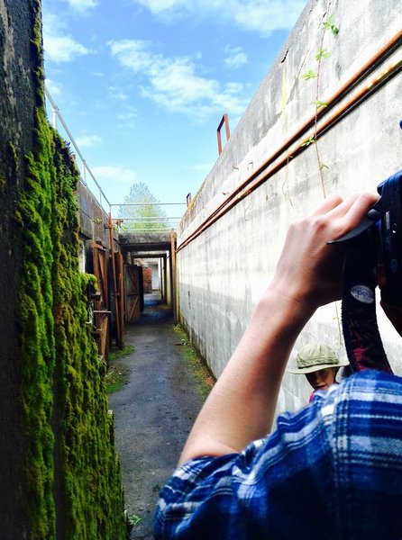 Looking W in a corridor at Fort Columbia.