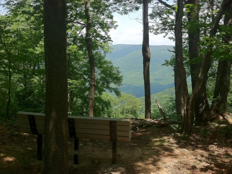 Bench at an outlook over the Youghiogheny River Gorge at the far point on the McCune Trail