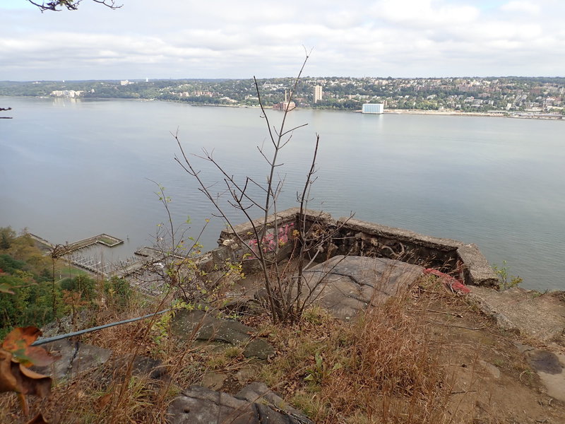 Foundation remains of Foker mansion on "Millionaire's Row". (Alpine boat basin below. Yonkers across the Husdon River)