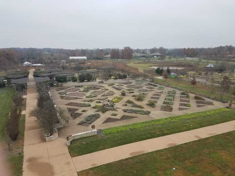 View of the Heartland Harvest Garden's Quilt Pattern from the observation deck in November-Powell Gardens