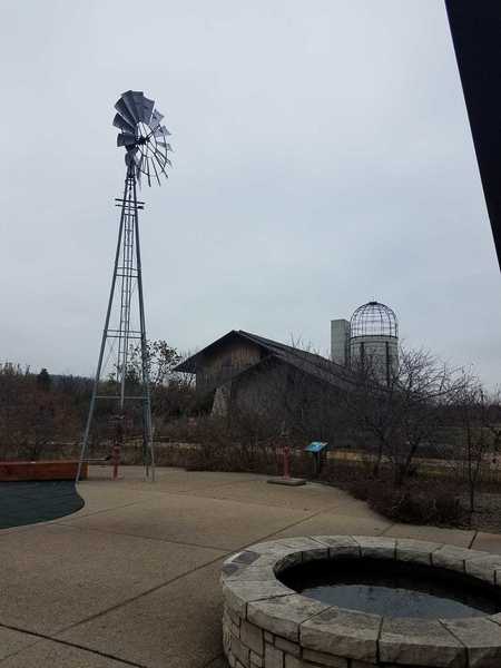 November view of the windmill and barn in the Heartland Harvest Garden-Powell Gardens