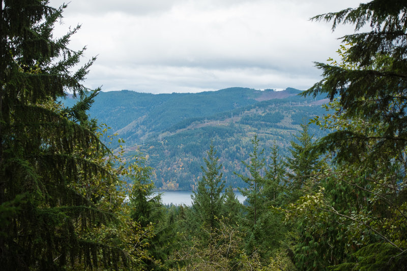 Lake Whatcom is visible from the top of the trail, but really you'll have a better view of Stewart Mountain.