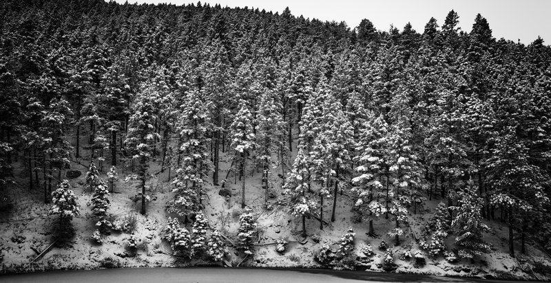 North side of the first reservoir covered in snow.