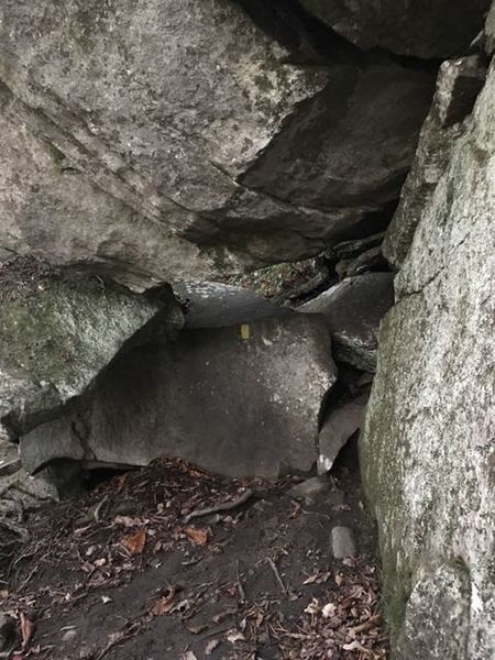 Better wait to have lunch or a snack until after squeezing through this part of the trail. It was unexpected. Had to push day back separately. Yellow blaze on rock.