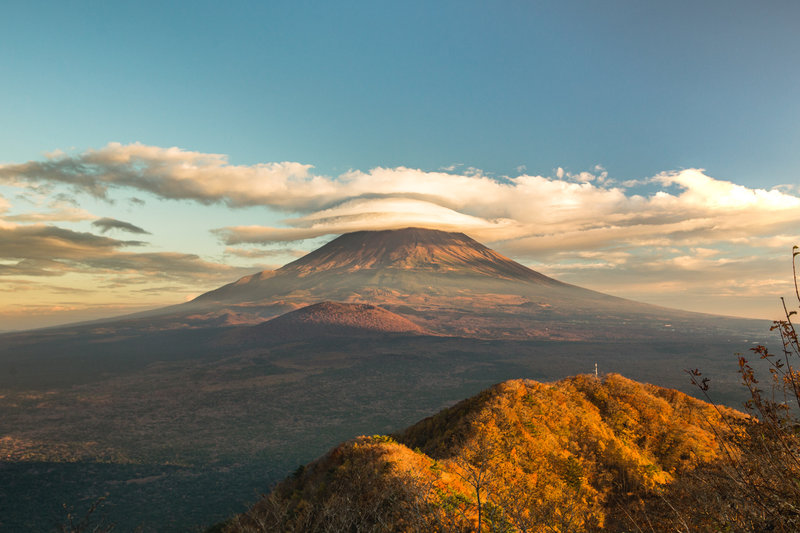 Beautiful view of Mount Fuji right before a stunning sunset in the fall. This view is from the Panorama Dai by Lake Shoji, to get there take the intermediate 60 to 80 min hiking trail next to the Yamada Hotel.