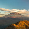 Beautiful view of Mount Fuji right before a stunning sunset in the fall. This view is from the Panorama Dai by Lake Shoji, to get there take the intermediate 60 to 80 min hiking trail next to the Yamada Hotel.