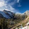 Looking back on snowy Eagle Falls Trail towards Phipps Peak and Jakes Peak