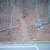 The trail as it crosses the road and enters the woods.