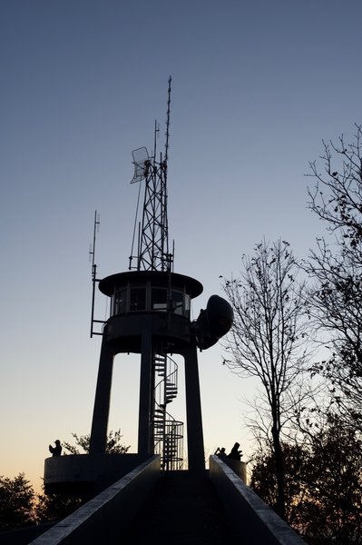 Climbing up the last ramp, the Look Rock Observation Tower at sunset.