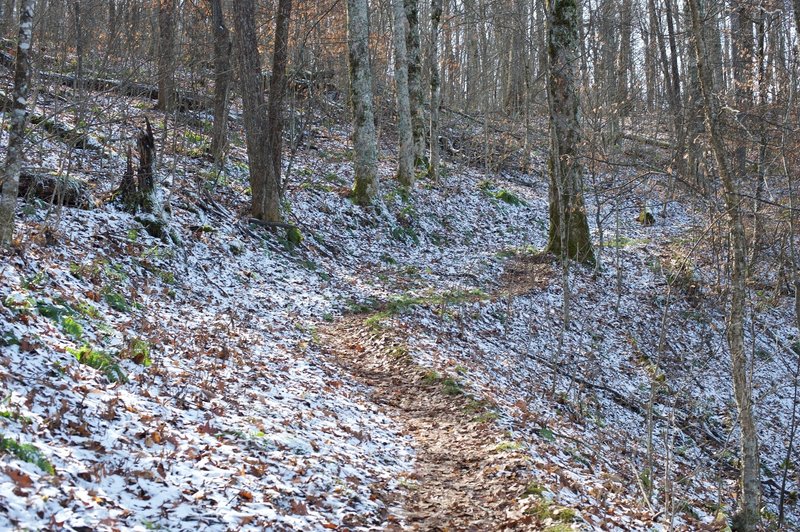 Snow may rest in the shaded parts of the mountains, even if there was no snow at the start of the trail.