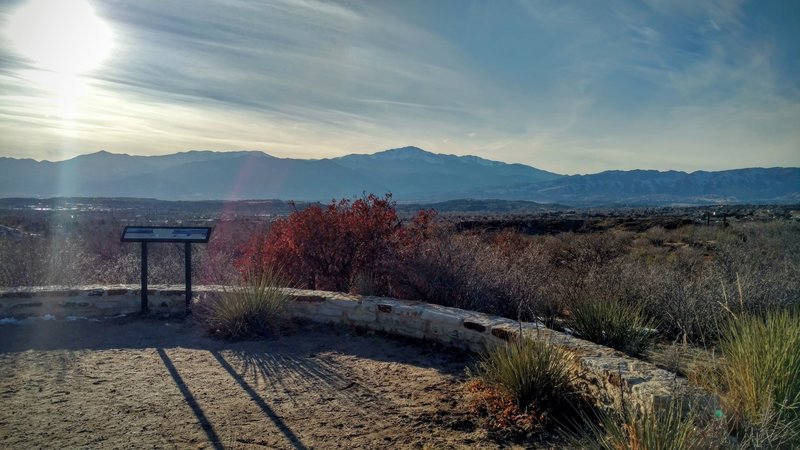 Pikes Peak and downtown Colorado Springs from Chaparral Trail overlook.