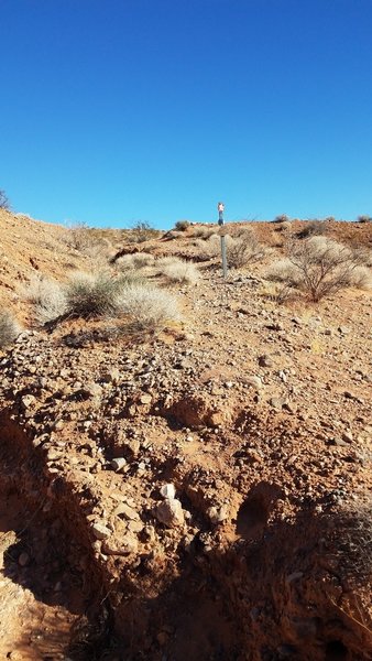 Trail sign on embankment after crossing giant wash