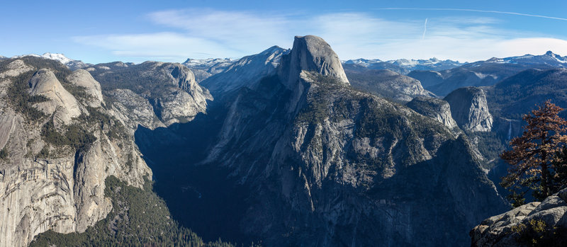 Half Dome from Glacier Point. Grizzly Peak, Mount Broderick, Liberty Cap, and Nevada Falls on the right. North Dome, Basket Dome, Washington Column, and Royal Arches on the left.