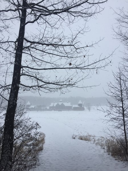 A wintery view of the Farm Barn at Shelburne Farm.