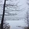 A wintery view of the Farm Barn at Shelburne Farm.