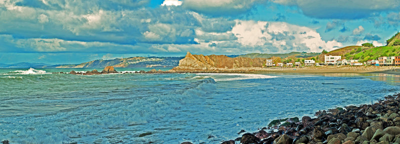 Shelter Cove at the southern edge of Pacifica, with 17 rustic rental cottages that can only be reached via a foot path. The only public access to walk around the point at very low tide from Pedro Point or Linda Mar.