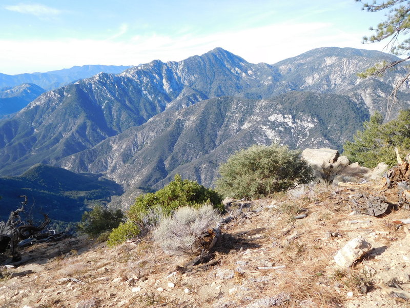 Twin Peaks (center), Mt. Waterman (right), Mt. Wilson (distant left), Bear Creek (bottom)