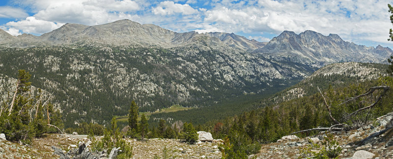 Overlooking Colby Meadow. Darwin's Bench is towards the right side with Mt. Darwin to the right and Mt. Gothe to the left.