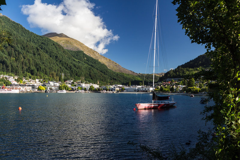 Queenstown and its beach and harbor from the Queenstown Gardens