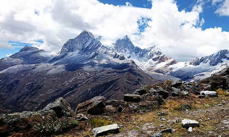 View of the slightly shrouded Huandoy Massif 6395m/20.981ft, the 2nd highest mountain in the range.