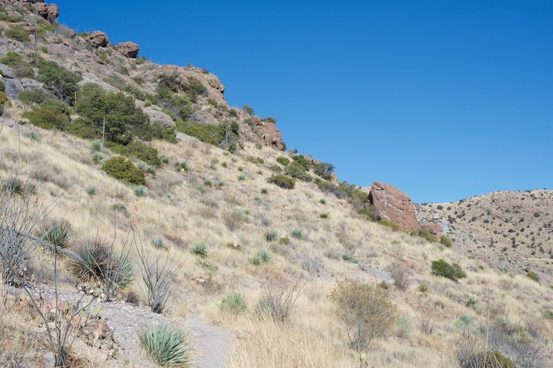 The trail winds uphill from the border. You can tell there isn't much shade by the lack of trees.