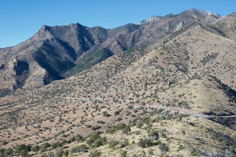 As West Montezuma Canyon Road crosses the ridge, you can see the parking lot at gap where the road crosses.   There are mountains everywhere you look!