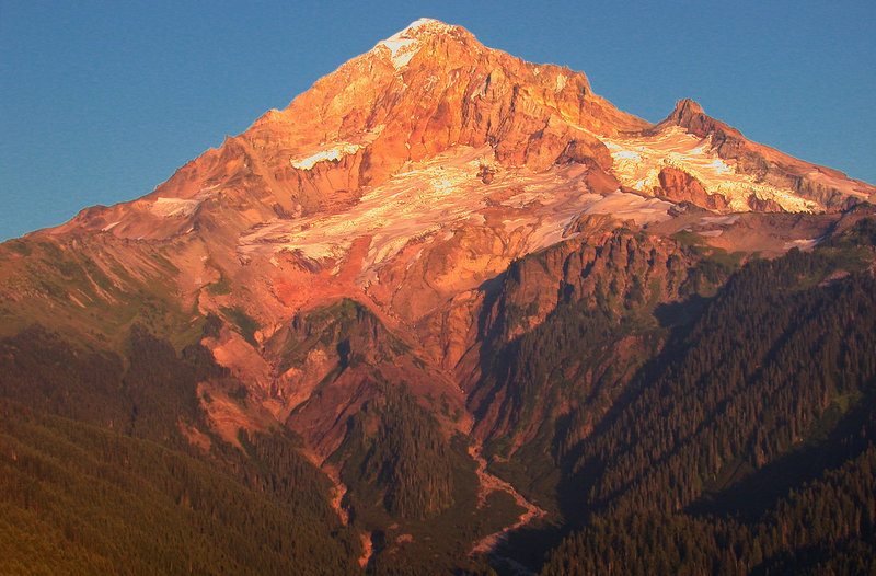 Alpenglow on the Sandy Glacier on the west side of Mt. Hood. Headwaters of the Muddy Fork of the Sandy River.