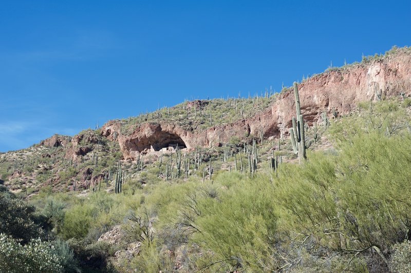 Looking uphill from the visitor center, you can see the Lower Cliff Dwelling.