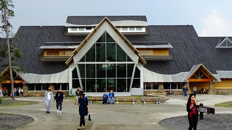 The Old Faithful Information Center from the Old Faithful Walkway.