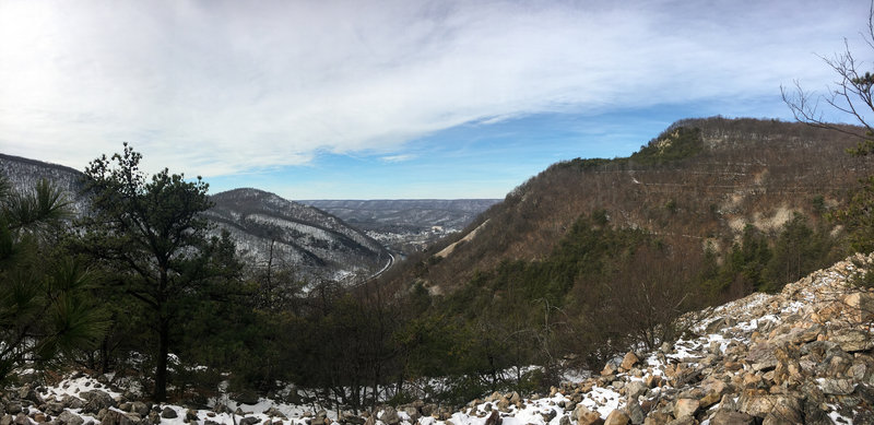 View of the Ledge Quarry and train shed from the Little Incline side trail (blue blazes).