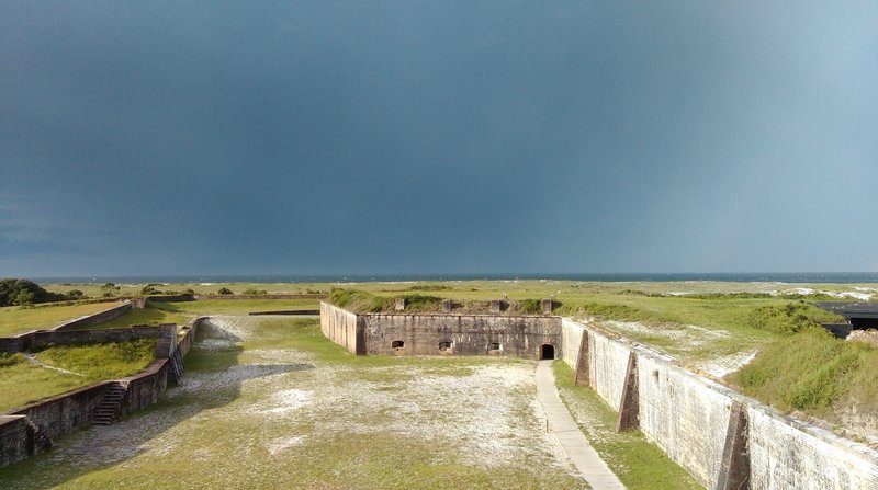 Looking down into the dry moat.