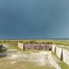 Looking down into the dry moat.