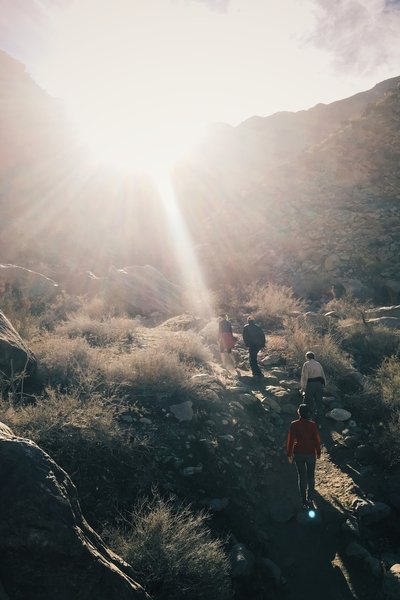 Traveling up the rocky singletrack in Tahquitz Canyon.