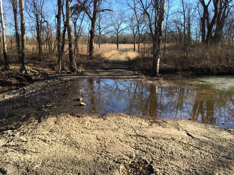 A paved creek crossing where the grass path, dirt path and gravel drive intersect.