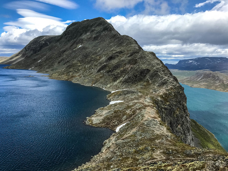 Looking back at Besseggen ridge. We hiked from the peak down the ridge because we were doing a full loop through Jotunheimen National Park.  This ridge was definitely the highlight.  Most take the ferry do the other way.