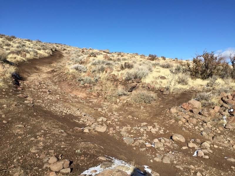 The trail (center right of photo) intersects with a steep and very rocky fire road that connects to Timberline Road.