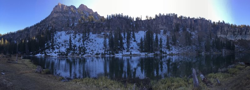 Panorama of White Pine Lake with Mt. Magog in the background, evening time.