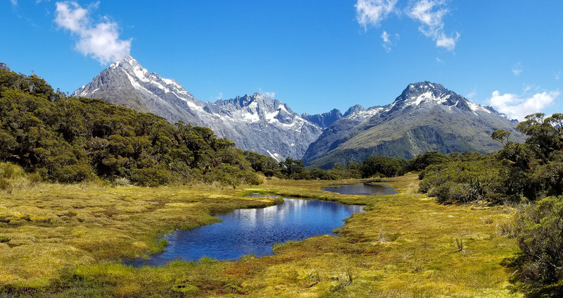 A green meadow with an alpine lake in front of Mount Christina